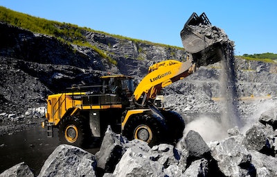 LiuGong 8128H wheel loader raised bucket full of rock down in quarry