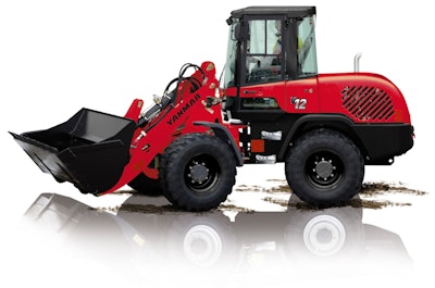 studio shot red Yanmar V12 wheel loader white background