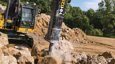 john deere hydraulic hammer on deere excavator breaking rock