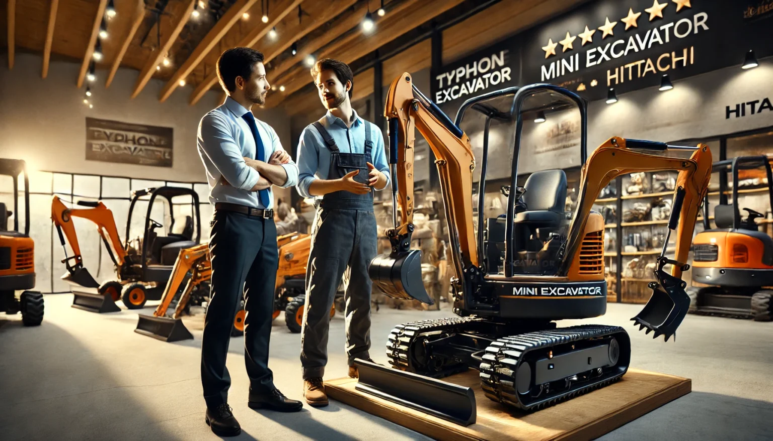 A-high-quality-photo-of-a-reputable-mini-excavator-dealers-showroom-showcasing-a-variety-of-mini-excavators-from-brands-like-TYPHON-Machinery-USA-