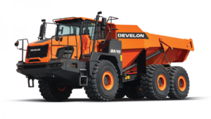 1776287004_63421_en_9c291_65526_develon-da45-7-adtpng - Machines Wiki Orange Develon articulated dump truck with six wheels, shown from the front-left in a studio setting.