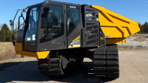Tracked dump truck with a yellow dumping bed and black cab, used for hauling soil and debris on construction sites.