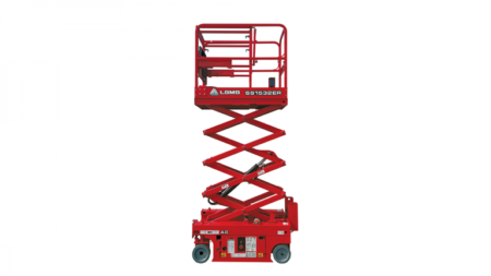 Red scissor lift with extended platform for raising workers to height, mobile work platform on wheels.