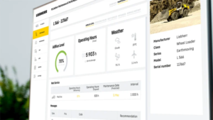 Dashboard screen showing machine status: AdBlue level 70%, operating hours 5903 h, weather info, and chassis details for Liebherr wheel loader L 566.