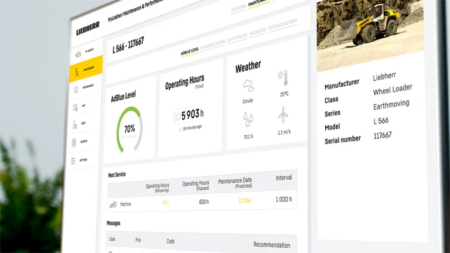 Dashboard screen showing machine status: AdBlue level 70%, operating hours 5903 h, weather info, and chassis details for Liebherr wheel loader L 566.