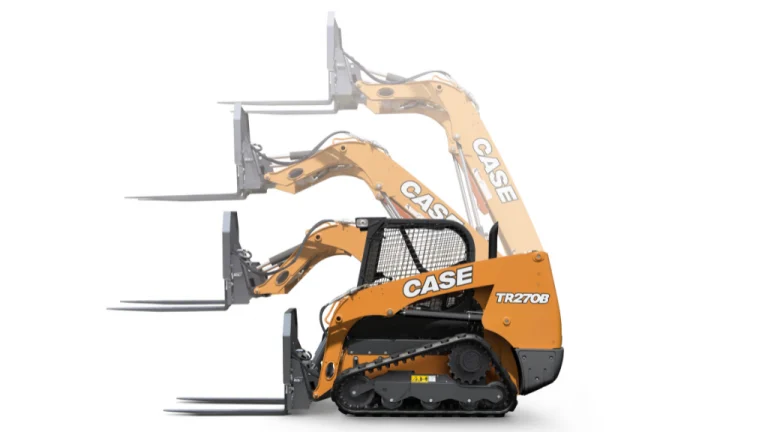 Orange Case TR270B tracked skid-steer loader with multiple forklift attachments extended forward, shown in side profile.
