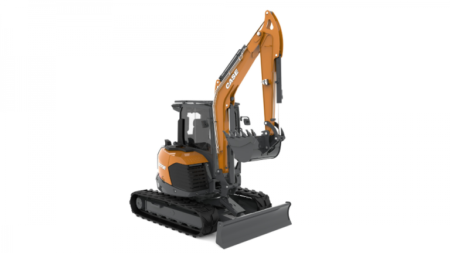 Orange CASE compact mini excavator with digging arm and bucket on a white background, tracked undercarriage visible.