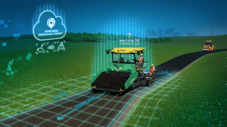 Autonomous tractor with a field implement on a farm, overlaid with precision-ag tech icons and a John Deere Operations Center cloud logo.