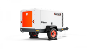 Towable portable generator trailer with white housing, orange access door, and red wheels on a white background.