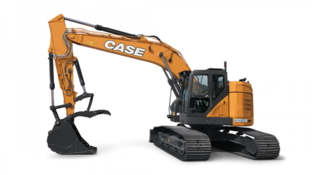 Orange CASE crawler excavator with long hydraulic arm and digging bucket on a white background.