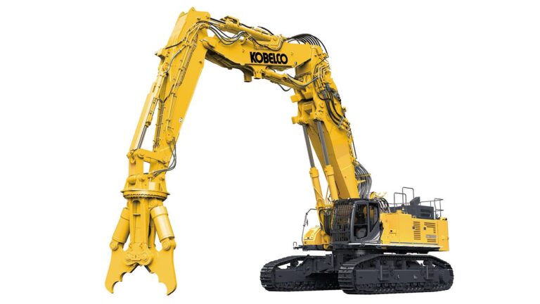 Yellow Kobelco hydraulic excavator with extended arm and bucket on tracks, isolated on white background