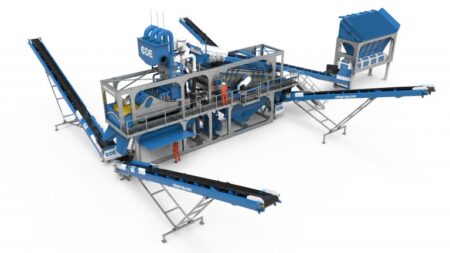 Industrial aggregate processing plant with blue conveyors and a central metal frame for washing and screening material.