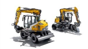 1778529046_63575_en_1d593_65692_liebherr-a909-a911-compact-wheeled-excavatorjpg - Machines Wiki Two yellow Liebherr compact excavators with hydraulic arms and buckets on a white background (one facing left with a blade). Readies for construction work.