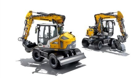 Two yellow Liebherr compact excavators with hydraulic arms and buckets on a white background (one facing left with a blade). Readies for construction work.