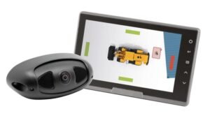 Portable 3D scanner with a tablet displaying a yellow robotic vehicle model.