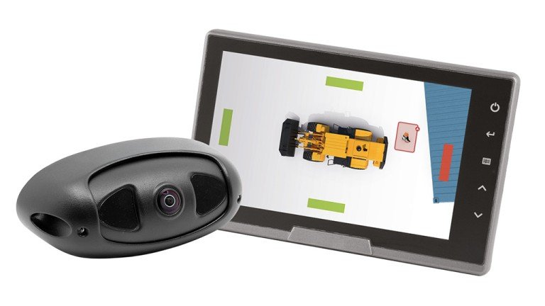 1778802053_63584_en_ce975_65705_brigade-backsense-radar-monitor-camerajpg - Machines Wiki Portable 3D scanner with a tablet displaying a yellow robotic vehicle model.