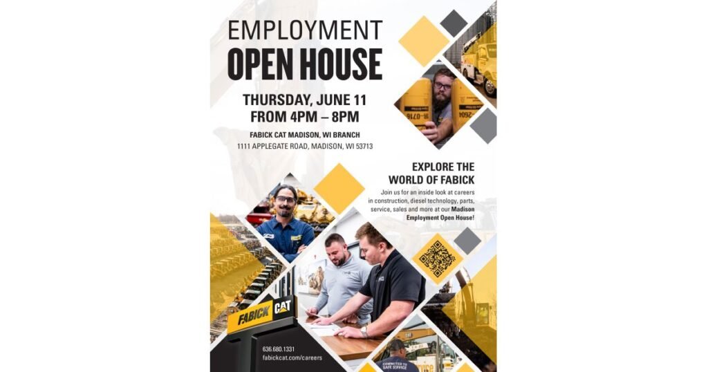 905x0_s3-71347-M-FABICK-EMPLOY-1-ONLINE-ONLYjpg - Machines Wiki Poster advertising an Employment Open House for Fabick Cat Madison, June 11, 4–8 PM, at 1111 Applegate Road, Madison, WI 53713; collage of yellow, gray, and diamond shapes with photos of workers and equipment.