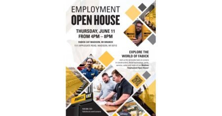 Poster advertising an Employment Open House for Fabick Cat Madison, June 11, 4–8 PM, at 1111 Applegate Road, Madison, WI 53713; collage of yellow, gray, and diamond shapes with photos of workers and equipment.