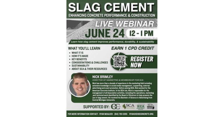 905x0_s3-71348-M-SLAG-JUNE-copyjpg - Machines Wiki Flyer for a live webinar about slag cement on June 24 from 12–1 PM, with a QR code and 'Register Now' button.