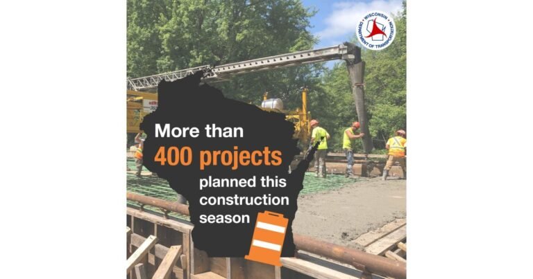 Wisconsin DOT Plans More Than 400 Projects This Season : CEG Wisconsin state silhouette with bold '400 projects' text overlaid; construction workers and equipment visible in the background; DOT logo at top right.