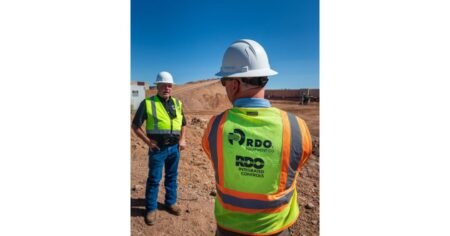 905x0_s3-71369-MNSW-RDO-RISK-MANAGEMENT1jpg - Machines Wiki Two construction workers on a dusty site wearing hard hats and neon safety vests; back-facing worker shows RDO Equipment Co logos