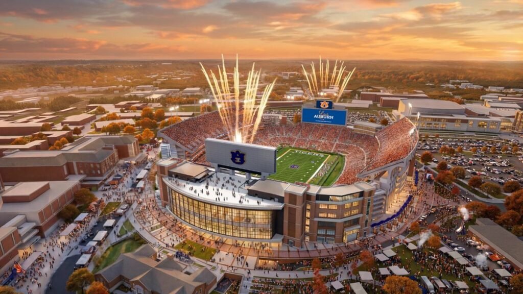 905x0_s3-71376-S-AL-AUBURN-copyjpg - Machines Wiki Aerial rendering of a large football stadium at sunset, filled with fans as fireworks explode above the stands.
