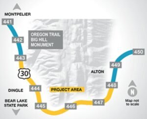 Map route with numbered markers (441–447) looping around Bear Lake, showing Montpelier, Oregon Trail Big Hill Monument, Dingle, Alton, and a highlighted Project Area.