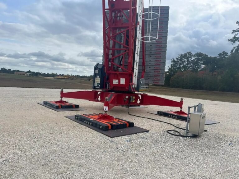 Large red industrial drilling rig or crane with extended stabilizing legs on flat pads, positioned on a gravel lot.