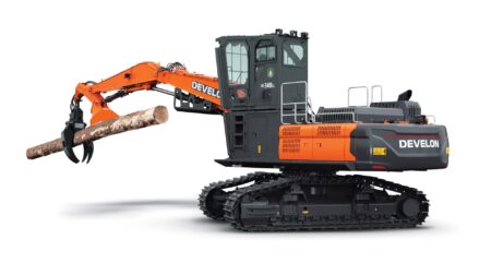 Tracked excavator with orange arm and log grapple lifting a felled log, Develon machine in a white background
