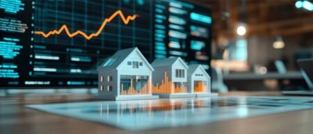 Miniature white houses on a table with a financial dashboard displaying an orange upward-trending line in the background.