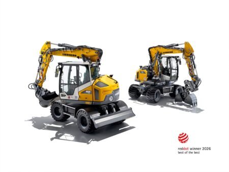 Two yellow Liebherr excavators with extended arms on a white background; red dot winner 2026 logo bottom right.