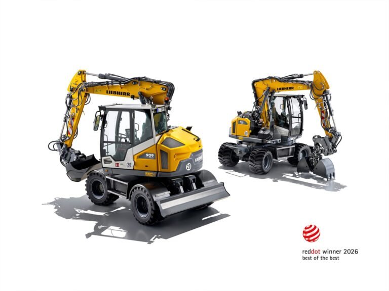 Two yellow Liebherr excavators with extended arms on a white background; red dot winner 2026 logo bottom right.