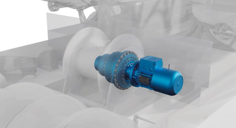 Blue industrial electric motor with a gear assembly mounted inside a translucent manufacturing machine background