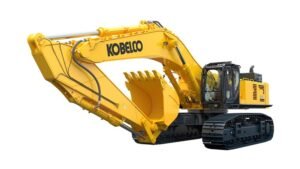 Yellow Kobelco hydraulic excavator with a large digging bucket on metal tracks, shown in profile ready for earth-moving work