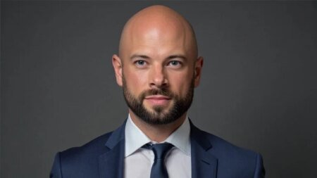 Head-and-shoulders portrait of a bald man with a beard in a navy suit and tie, facing the camera against a gray background.
