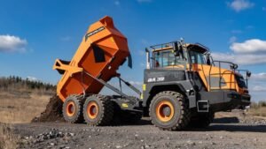 Orange articulated dump truck dumping soil at a gravel quarry under a blue sky, rugged construction site scene