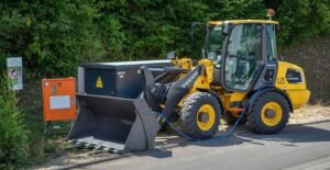 1781884606_The-next-frontier-of-electrification-in-Asia-from-machines-to-jobsite-readinessjpg - Machines Wiki Yellow Volvo L25 wheel loader with bucket attachment parked on a road beside an orange electrical cabinet and a green hedge backdrop.