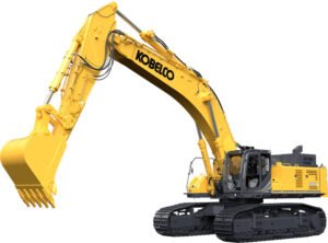 Kobelco Introduces the SK850LC-11 NEXT-gen Excavator in the US Market Yellow Kobelco hydraulic excavator with extended arm and bucket on tracks, ready to dig on a construction site