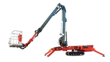 Crawler crane with an extended blue-green boom and a suspended work basket for elevated maintenance work.