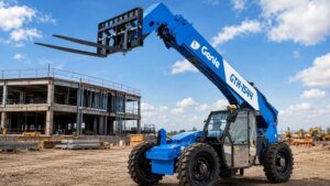 Blue telehandler lifting forks at a construction site with an unfinished concrete building in the background.