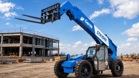 Blue telehandler lifting forks at a construction site with an unfinished concrete building in the background.