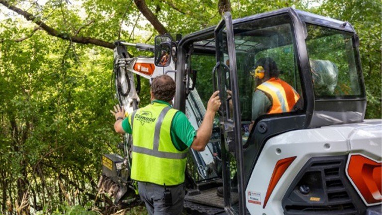 Two workers in bright safety vests guide a tracked forestry machine through dense trees in a forest.