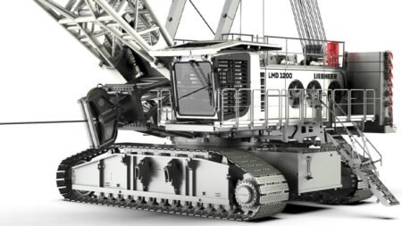 Liebherr LMD1200 crawler crane with lattice boom and tracked chassis, shown from the side
