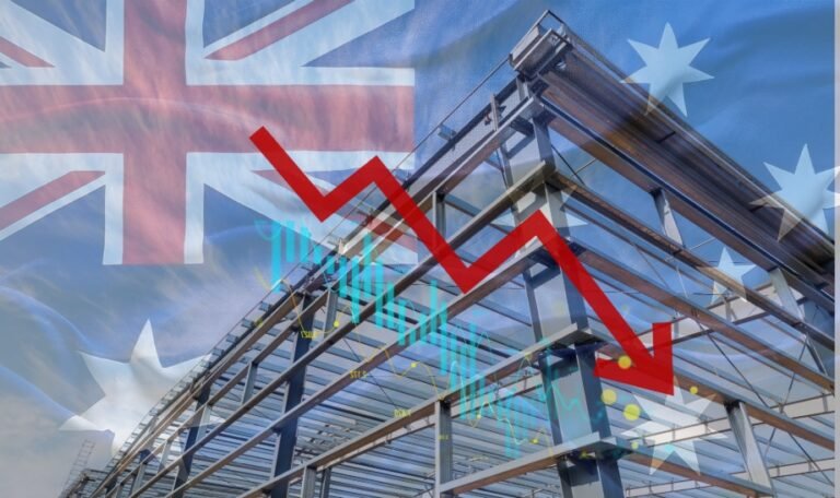 Australian flag over a construction frame with a red downward arrow and blue stock charts, signaling decline in economy or markets in Australia.