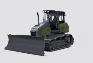 Bulldozer on tracks with a large front blade, gray and green cabin, against a light background.