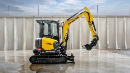 E38Djpeg - Machines Wiki New Holland E38 compact excavator on wet concrete, yellow arm raised with bucket over the ground.