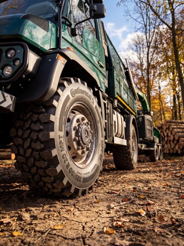 continental-hillheadjpg - Machines Wiki Close-up of a heavy-duty green logging truck tire on a muddy dirt road with stacked logs and autumn trees in the background.