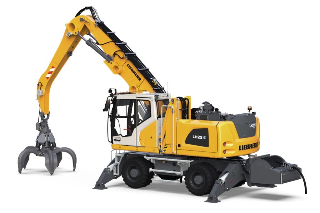 Liebherr Unveils New Generation 8 Material Handlers With Conventional and Electric Power Yellow Liebherr LH22 excavator with grapple attachment mounted on the arm, shown from the side against a white background