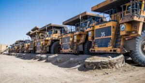 Row of large yellow mining dump trucks parked on a dusty construction site under a clear blue sky.