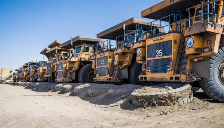 Row of large yellow mining dump trucks parked on a dusty construction site under a clear blue sky.